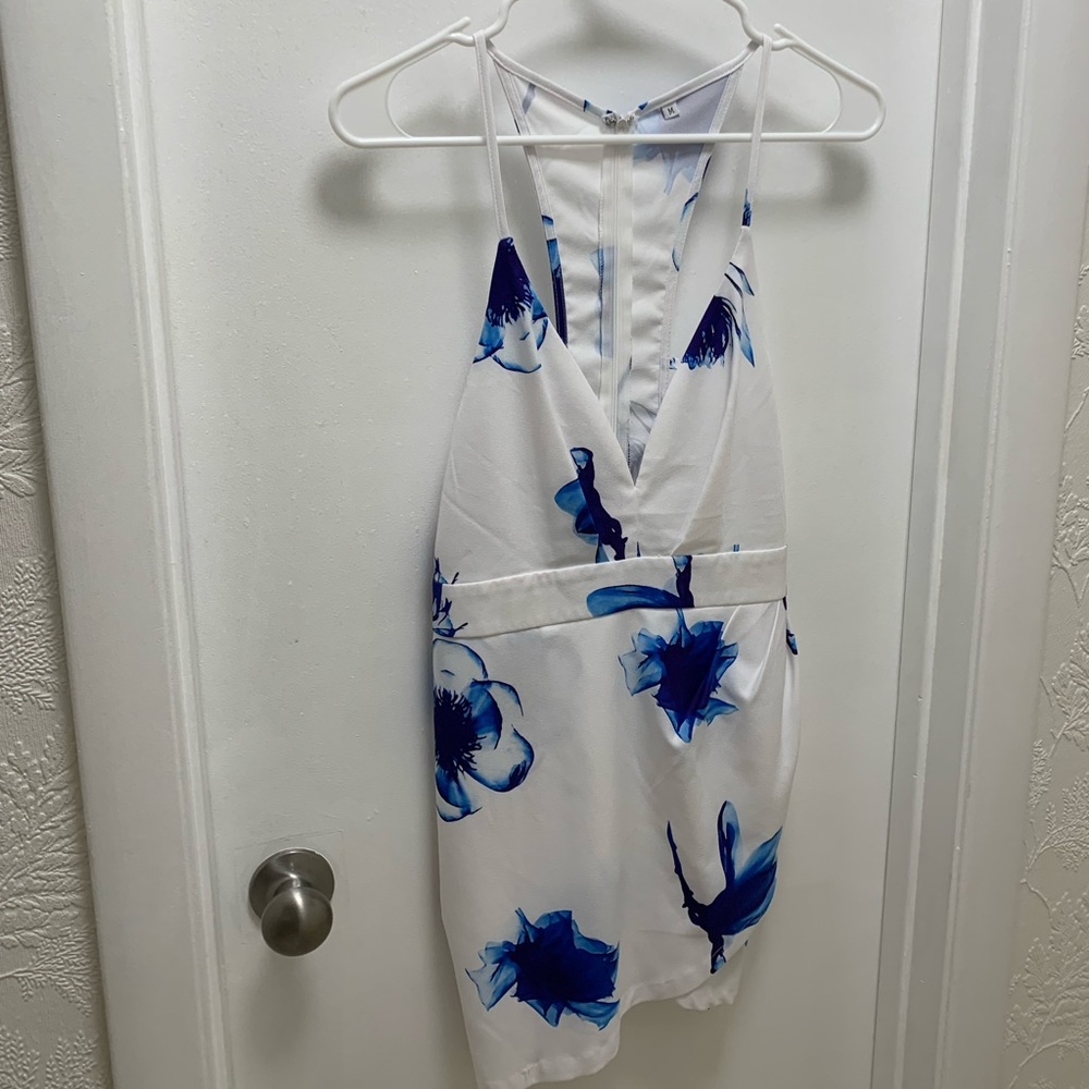 White and Blue Floral Cocktail Dress